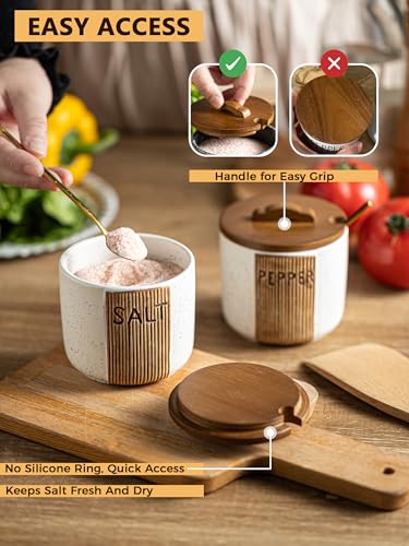 Salt and Pepper Bowls Ceramic, 10 OZ Salt and Pepper Container | Salt and Pepper Cellar wiht Lid & Spoon, Salt Containers for Countertop, Easy Access, Rustic Woodgrain Embossed Design, White - color: White, size: Set of 2