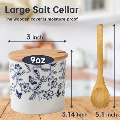 Salt Cellar with Lid and Spoon, 9oz Salt Containers for Countertop | Moisture-Proof Salt Box, Beautiful Salt Holder