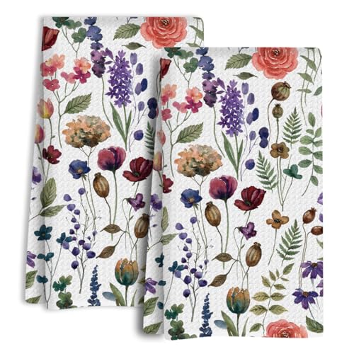 jeilink Cute Floral Kitchen Towels Set of 2, Dish Towels for Kitchen Soft Absorbent Tea Hand Towel for Home Cooking, Baking,Cleaning Decorative Housewarming Aesthetic Vintage Flower, 13.8 x 23.6 Inch - color: Floral 1454