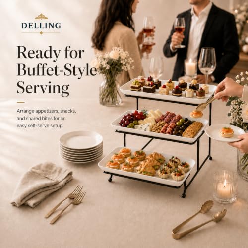 Delling Large 3 Tier Serving Tray Set, 14 Inch Tiered Serving Stand, Sturdier Rack with 3 Porcelain Serving Platters, Suitable for Dessert Table Display Set, Serving Dishes for Entertaining - size: 14 inch