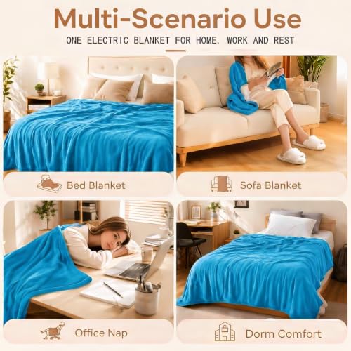Electric Heated Blanket, Twin 62 x 84 in, Sea Breeze Blue | 6 heat settings | 1-10-hour timer | Flannel and Sherpa| dual-sided comfort | machine washable | ETL certified - color: C-bright Blue, size: 62x84inches-Twin