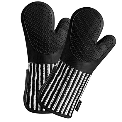 Alselo Silicone Oven Mitts Heat Resistant 932℉ with Waterproof & Non-Slip | Kitchen Mittens Set of 2,Extra Long 7.5"x15" Oven Gloves with Soft Cotton Terry Lining for Baking Cooking BBQ(Black,2) - color: Black