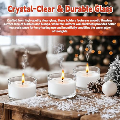 36 Pack Clear Glass Tealight Candle Holders for 1.5" Tealights | 1.8" wide x 1" high size; smooth glow; bulk decor for wedding centerpieces, party tables, romantic dinners & DIY