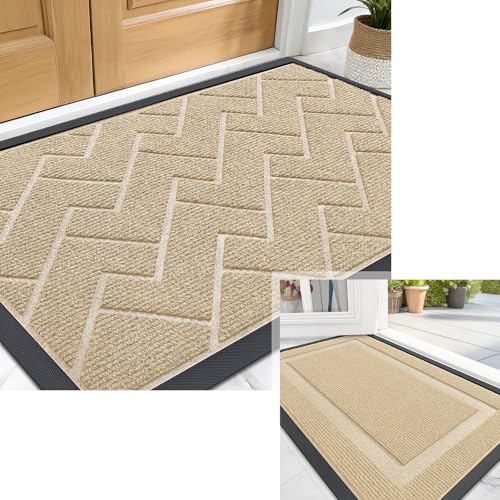 OLANLY Front Door Mat Indoor Outdoor Entrance, Welcome Door Mat and Waterproof All-Weather All-Season Doormat Size 29.5x17 in Beige, 2 Item Bundle