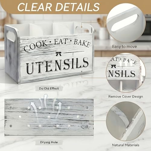 Rustic White Wooden Utensil Holder for Kitchen Counter Decor,Extra Large Kitchen Utensil Holder Silverware Caddy Farmhouse Wood Cutlery Holder Cooking Utensil Stand Storage kitchen Tools Holder