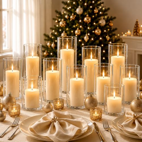 24 PCS Ivory White Pillar Candles and Glass Cylinder Vases Hurricane Glass Candle Holders for Pillar Candles Wedding Centerpieces, Party, Event, Home Office Decor(12 Candles+12 Candle Hoders)