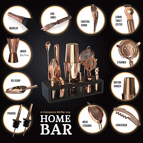 Highball & Chaser Bartender Kit with Black Bamboo Stand Beautiful Cocktail Shaker Set and Bar Tools Stainless Steel Boston Shaker Bartender Kit with Stand (Antique Copper) - color: Antique Copper