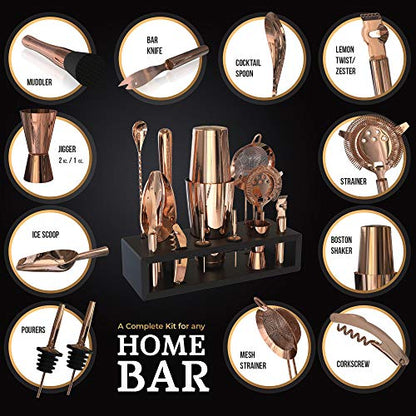 Highball & Chaser Bartender Kit with Black Bamboo Stand Beautiful Cocktail Shaker Set and Bar Tools Stainless Steel Boston Shaker Bartender Kit with Stand (Antique Copper) - color: Antique Copper
