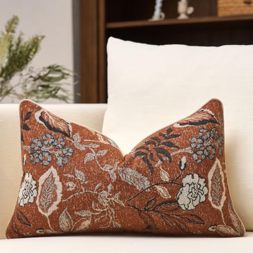 Rust Orange Floral Textured Lumbar Throw Pillow Cover 12x20 Fall Vintage Accent Pillow Cover Farmhouse Cushion Cover Chenille Neutral Flower Pillowcase Home Decor for Sofa Living Room Bed - color: Rust, size: 20" x 12" (Pack of 1)
