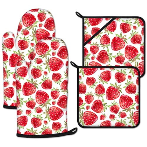 Watercolor Strawberry Oven Mitts and Pot Holders Set 4 Pcs Extra Long Heat Resistant Gloves Potholder for Baking, BBQ, Grilling - color: Watercolor Strawberry