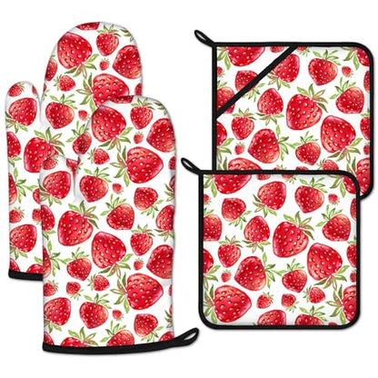 Watercolor Strawberry Oven Mitts and Pot Holders Set 4 Pcs Extra Long Heat Resistant Gloves Potholder for Baking, BBQ, Grilling - color: Watercolor Strawberry
