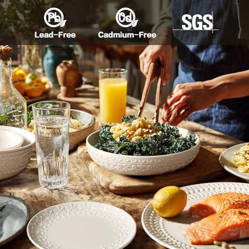 Pasta Bowls 32oz, Ceramic Large Salad Bowls 8 inch, White Embossed Soup Bowl Set of 4 for Entertaining, Serving, Dinner, Wide Shallow Microwave Dishwasher Oven Safe (Four-Leaf Clover) - color: Four-Leaf Clover