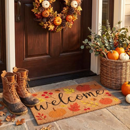 Fall Pumpkin Welcome Doormat, 16.5x30in Faux Coir Welcome Door Mat | Non Slip Backing, Washable and Reusable, Quick Drying, Indoor Outdoor Porch Use, Autumn Thanksgiving Decor, Housewarming Gift - style: Autumn Theme