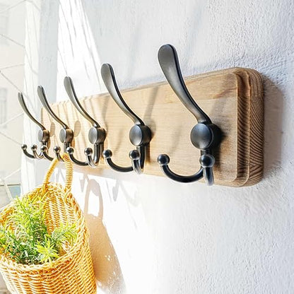 Coat Rack Wall Mount - Heavy-Duty Robust Barnwood-Style Wooden Wall Coat Hanger Hook Rail with 5 Triple Hooks for Winter Coats Hat Jacket Clothing, Weathered Brown & Black - color: Weathered Brown & Black, size: L=17.4"