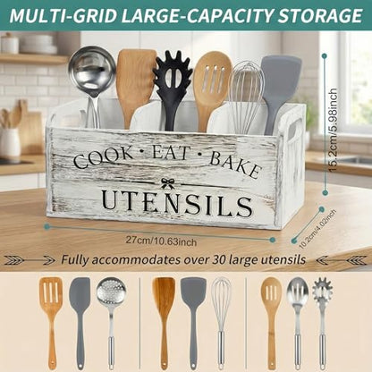 Rustic White Wooden Utensil Holder for Kitchen Counter Decor,Extra Large Kitchen Utensil Holder Silverware Caddy Farmhouse Wood Cutlery Holder Cooking Utensil Stand Storage kitchen Tools Holder