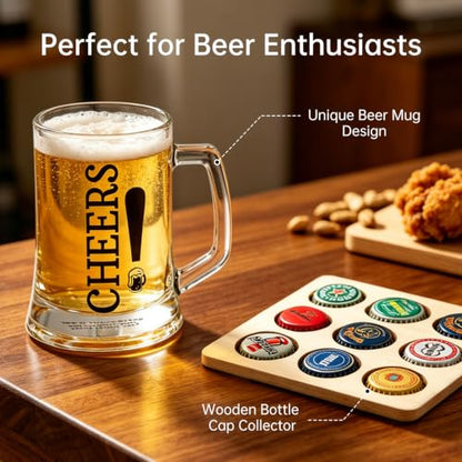 Beer Mug Set with Bottle Cap Holder Board – 16.9oz Beer Mug Gift Set | 16.9oz glass beer mug, wooden bottle cap holder board, home bar game decor, beer lover gift set, bar party entertainment use