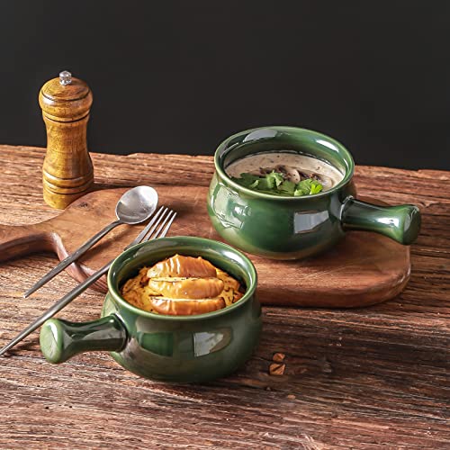 vicrays French Onion Soup Bowls With Handles, 26 Ounce for Soup, Chili, Beef Stew, Chip Resistant, Dishwasher Microwave Safe, Set of 4 (Green) - color: Green