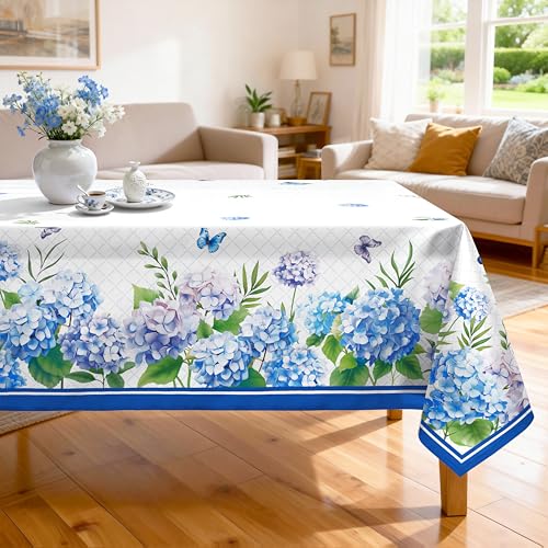 Blue Hydrangea Polyester Tablecloth, Blooming, 60 x 120 Inch | Washable Reusable Water Resistant Table Cloth with Hydrangea Print for Spring Summer Everyday Dining, Party, Decor - color: Hydrangea 02, size: 120" x 60" (Rectangular)