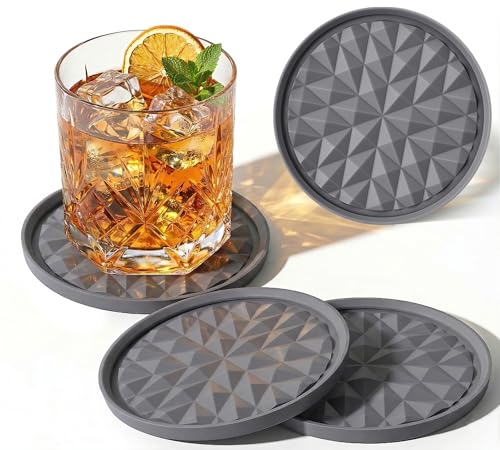 Silicone Drink Coasters Set of 4, Coaster for Desk | Prevents Condensation&Spills, Non-Slip, Reusable&Easy Clean, Diamond Pattern, Stylish Office&Home Decor, Gift, Dark Grey - color: Dark Grey, size: 4×3.9inches