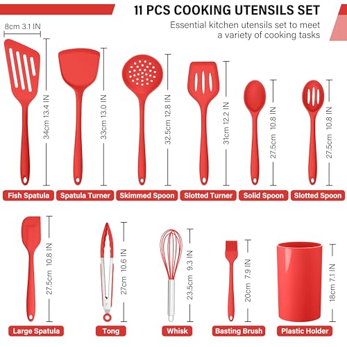 HaWare 11 PCS Silicone Cooking Utensils Set, Heat Resistant Kitchen Utensils with Holder, Food-grade Spatula Sets for Nonstick Cookware, Kitchen Tools Gadgets Include Fish Turner, Spoon (Red) - color: Red