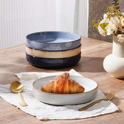 E-far 35oz Stoneware Pasta Bowls Set of 4, Double Reactive Glaze | Wide & Shallow Ceramic Pasta Plates for Serving Salad Soup Dinner, Dishwasher & Microwave Safe, Multicolor - color: Multicolor