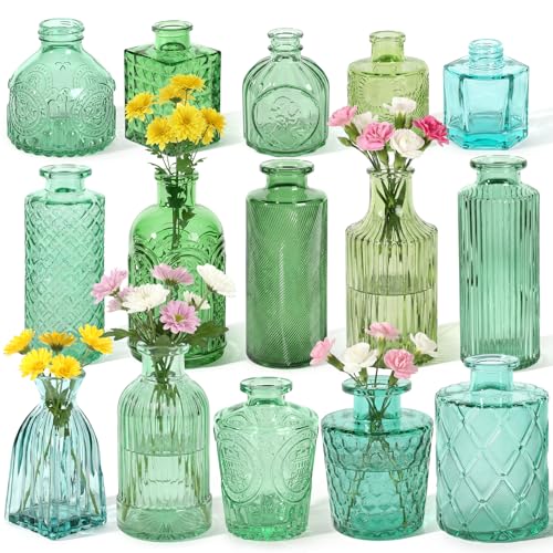 Set of 15 Green Glass Bud Vases Small Textured Flower Vases | Retro Bulk Vases for Wedding Table Centerpieces Home Decor DIY Events Gifts - color: Green