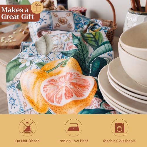 Maison d' Hermine Kitchen Towels Set of 3 Reusable 100% Cotton 27.50" x 20" | Cloth Tea Dish Towels Absorbent with Hanging Loop for Kitchen Dining Party Wedding Hotel Home Spring Summer - Agrume - color: 012 - Agrume