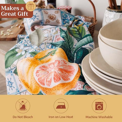 Maison d' Hermine Kitchen Towels Set of 3 Reusable 100% Cotton 27.50" x 20" | Cloth Tea Dish Towels Absorbent with Hanging Loop for Kitchen Dining Party Wedding Hotel Home Spring Summer - Agrume - color: 012 - Agrume