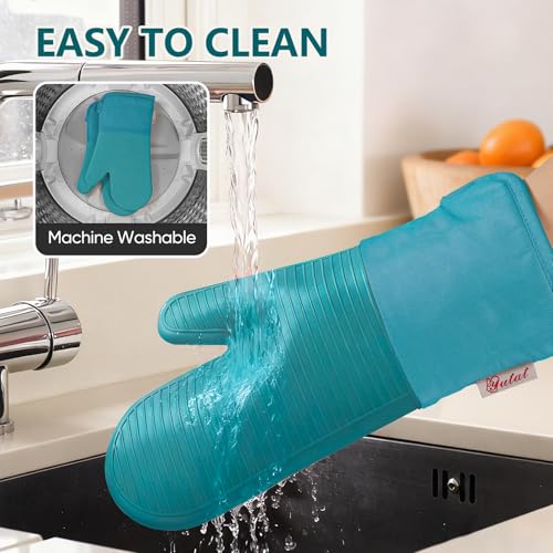 YUTAT Silicone Oven Mitts,High Heat Resistant Up to 500 Degrees,Waterproof Cooking Gloves with Soft Polyester Filling,Kitchen Potholder Set - Perfect for BBQ, Baking and Cooking,Green,2 Pcs Set - color: Green-striped Surface, size: 13“L x 7"W-2 Piece