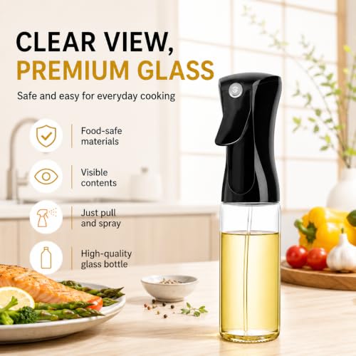 Oil Sprayer for Cooking, 240ml Glass Olive Oil Sprayer, Fine Mist Spray Bottle for Air Fryer, Nonstick Frying, Salad, BBQ, Refillable Kitchen Oil Dispenser PS889B (240ml Black Head)