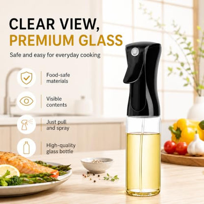 Oil Sprayer for Cooking, 240ml Glass Olive Oil Sprayer, Fine Mist Spray Bottle for Air Fryer, Nonstick Frying, Salad, BBQ, Refillable Kitchen Oil Dispenser PS889B (240ml Black Head)