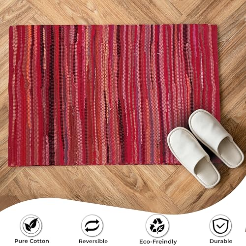 Chindi Woven Rug 2x3 Feet - Red | Cotton Throw Rugs for Kitchen, Entryway, Easy Care Small Boho Mat - color: Red, size: 2 x 3 feet