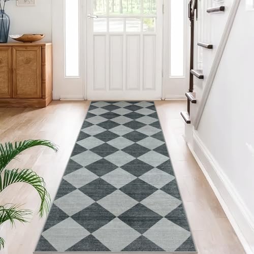 Beeiva Checkered Print Hallway Runner Rug 2.5x8, Ultra Thin Kitchen Runner Rugs Non Skid Washable 8ft, Moroccan Plaid Design Floor Carpet for Entryway Bedroom Bedroom, Gingham Geometric Home Decor - color: Blue/Grey, size: 2.5' x 8' (Rectangular)