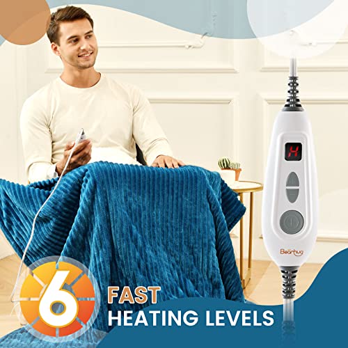 Bearhug Electric Blanket Heated Throw, 50"x60" Ribbed Flannel & Sherpa Fast Heating Blanket, 6 Heating Levels & 4H Auto Off, Over-Heat Protect, ETL, Machine Washable - color: Navy Blue-flannel & Sherpa, size: Throw 50" × 60"