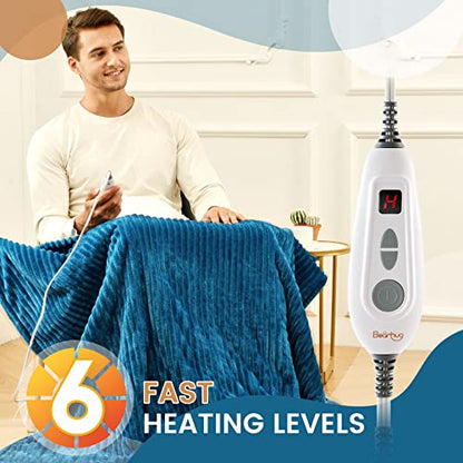 Bearhug Electric Blanket Heated Throw, 50"x60" Ribbed Flannel & Sherpa Fast Heating Blanket, 6 Heating Levels & 4H Auto Off, Over-Heat Protect, ETL, Machine Washable - color: Navy Blue-flannel & Sherpa, size: Throw 50" × 60"