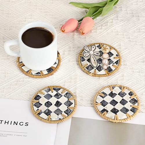 Boho Coastal Coasters Set of 6, Handwoven Rattan Coasters with Holder - Drink Coaster for Coffee Table, Boho Coaster for Home Decor, Rattan & Mother of Pearl, 4 Inch(Checkered Pattern) - style: Checkered Pattern