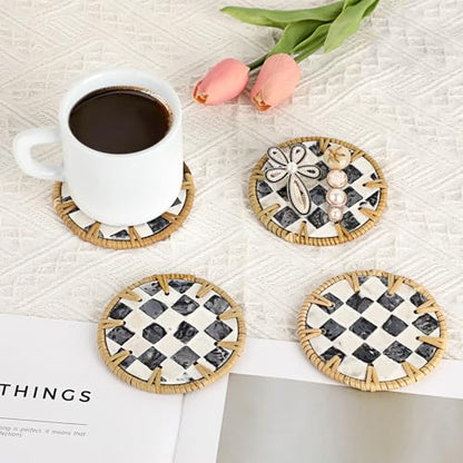 Boho Coastal Coasters Set of 6, Handwoven Rattan Coasters with Holder - Drink Coaster for Coffee Table, Boho Coaster for Home Decor, Rattan & Mother of Pearl, 4 Inch(Checkered Pattern) - style: Checkered Pattern