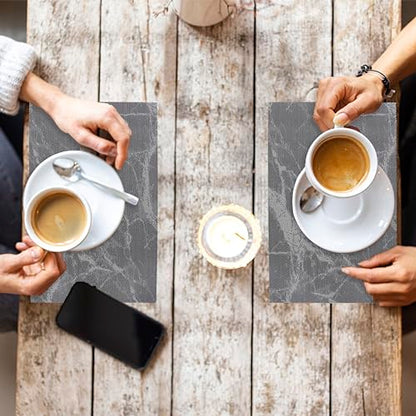 PVC Heat Resistant 6 Table Mat Sets + 1Table Tablecloth(Black) | Washable and Easy to Clean PVC Heat-Resistant Marble Painting Art Desktop Decoration Daily Holiday Use - color: Black