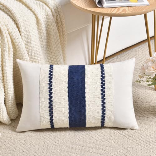 Fancy Homi Set of 1 Navy Blue Lumbar Decorative Throw Pillow Covers 12x20 Inch for Couch Bed Sofa Living Room, Soft Cotton blend Woven Textured Cushion Case - color: Navy Blue, size: 20" x 12" (Pack of 1)