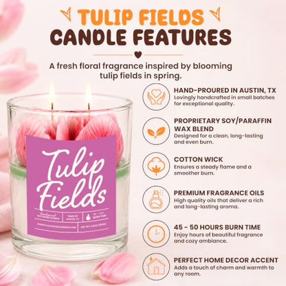 Tulip Fields Container Candle- Luxury Soy Wax Candle with 2 Cotton Wicks - 50 Hour Burn Time, Handmade in Austin Texas USA, Premium Fragrance Oil Candle for Home Decor & Gifts - 8 oz