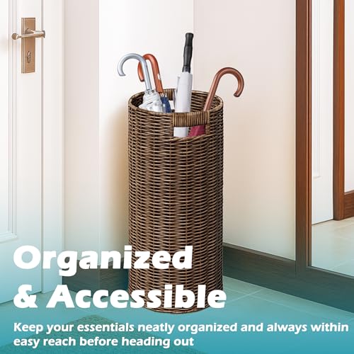 Rattan Umbrella Holder 21"H X 10"D, Handmade Wicker Umbrella Stand Indoor with Dip Tray, Sturdy Umbrella Holders for Entryway, Umbrella Bucket Fits Mudroom,Walking Canes,Home,Office (Brown) - color: Brown
