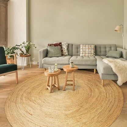 Hausattire Jute Braided Round Area Rug, Natural, 8 ft | 100% natural jute, hand woven, reversible, boho farmhouse style, bedroom/living room/kitchen use - color: Natural, size: 8' Round