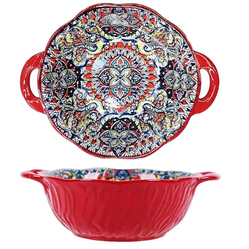 2 Pack Boho Ceramic Serving Bowls with Handles, 40 Oz Porcelain Salad Bowls, Large Serving Dishes for Entertaining, Mixing Bowls for Soup, Stew, Pasta, Cereal, Colorful Embossed Cute Bowls Set SH - color: Red