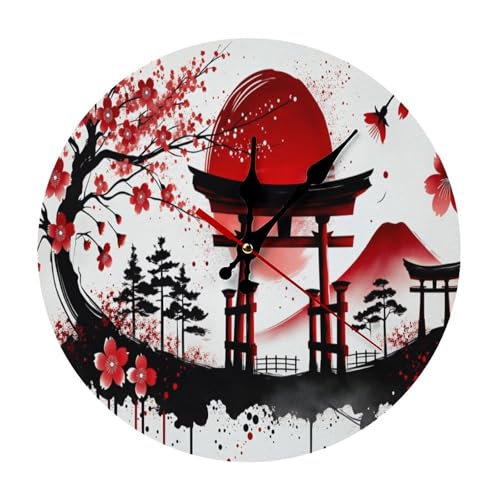Japanese Landscape Backdrop with Cherry Blossoms Minimalist Silent Wall Clock 11.8x11.8 inches, Modern Round Wooden Clock Without Numbers for Bedroom Living Room Office Home Decor - color: Japanese Landscape Backdrop With Cherry Bloss, size: 11.8x11.8 inc