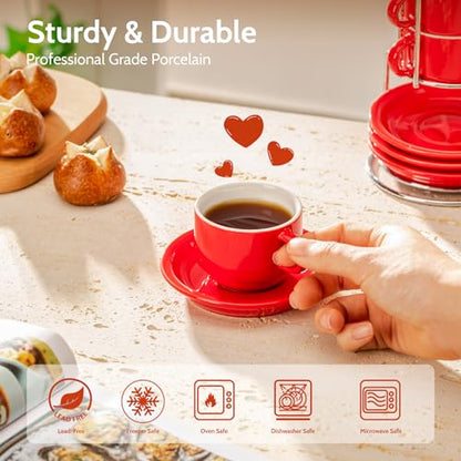 Sweese 4 Ounce Porcelain Stackable Espresso Cups with Saucers and Metal Stand Set of 4, Red - color: Red, size: 4 Ounces