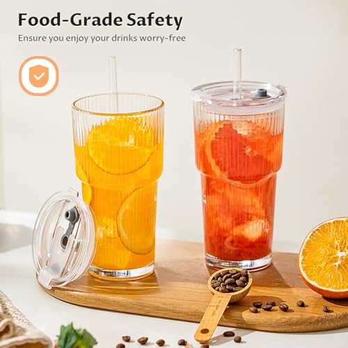 20oz Iced Coffee Cups with Lids, Glass Coffee Cups with Lids and Straws | Clear Reusable Drinkware, Secure Leak-Resistant Lids, Cup-Holder Friendly, Ideal for Iced Coffee, Tea, Juice and Smoothies - color: Clear - 2 pcs