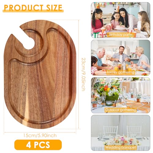 4Pcs Wood Appetizer Plates With Wine Glass Holder, Versatile Sturdy Wood Appetizer Serving Platters for Wine Party Housewarming Party