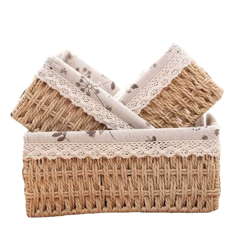 Wicker Storage Baskets with Linen Lace Lining, Set of 3 | Handwoven Straw, Floral Fabric Interior, Rectangular Shape, Organizer Bins, Nesting Design