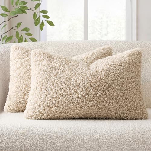 EMEMA Pack of 2 Teddy Faux Fur Throw Pillow Covers 12x20 Inch Soft Fuzzy Sherpa Sheepskin Decorative Cushion Cases Cozy Boucle Fleece for Couch Bed Boho Living Room Decor Neutral Oatmeal - color: Neutral Oatmeal, size: 20" x 12" (Pack of 2)