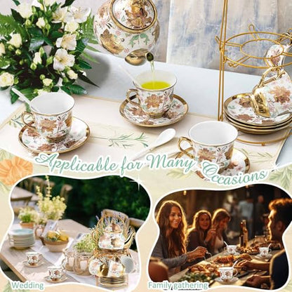 Zhehao 20 Pcs Porcelain Tea Set with Metal Holder and Spoon Adult Ceramic Tea Set European Flower Painting Teapot Cup Saucer Spoon for Women Mom Gift, Large Version (Elegant Style) - color: Elegant Style